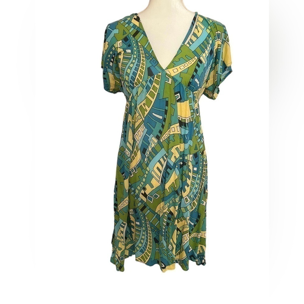 Aqua dress, green psychedelic print, easy and Flowy, XS.